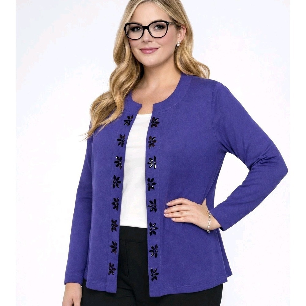 Rafaella Embellished Cardigan Women's Size Large Blue Violet Cotton NWT